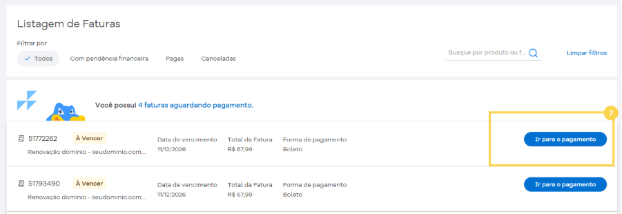 Botão destacado com a ação 'Ir para o pagamento' na listagem de faturas.