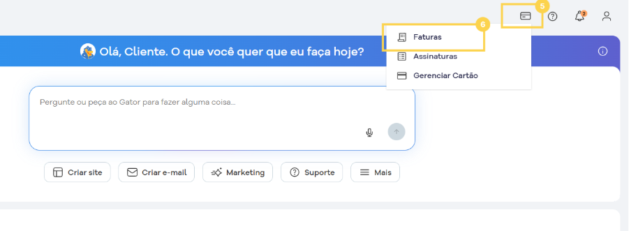 Menu suspenso com opções Faturas em destaque, acessado pelo ícone de cartão destacado.