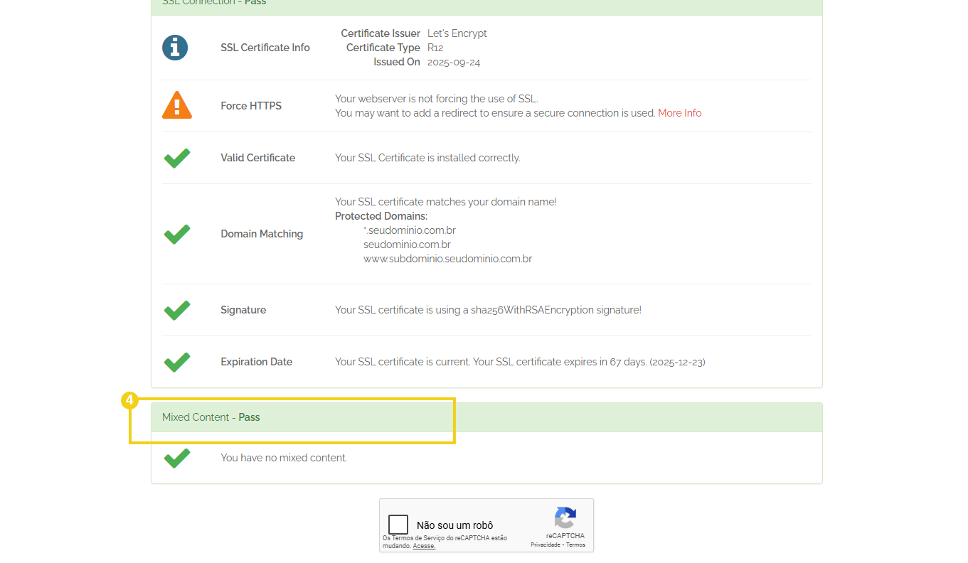 Tela do site whynopadlock com destaque ao campo "Mixed content"