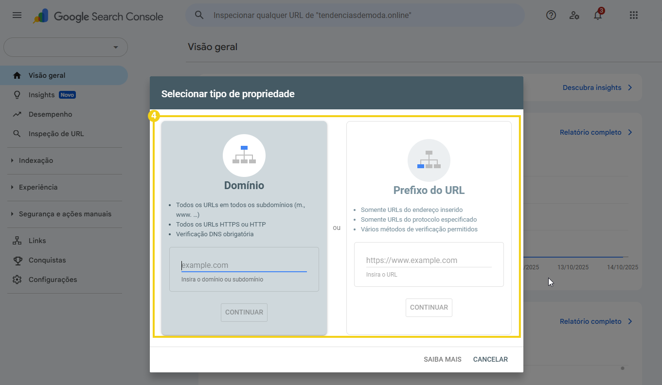 Tela de gerenciamento do Google Search Console com opção para selecionar tipo de propriedade - Domínio ou Prefixo do URL