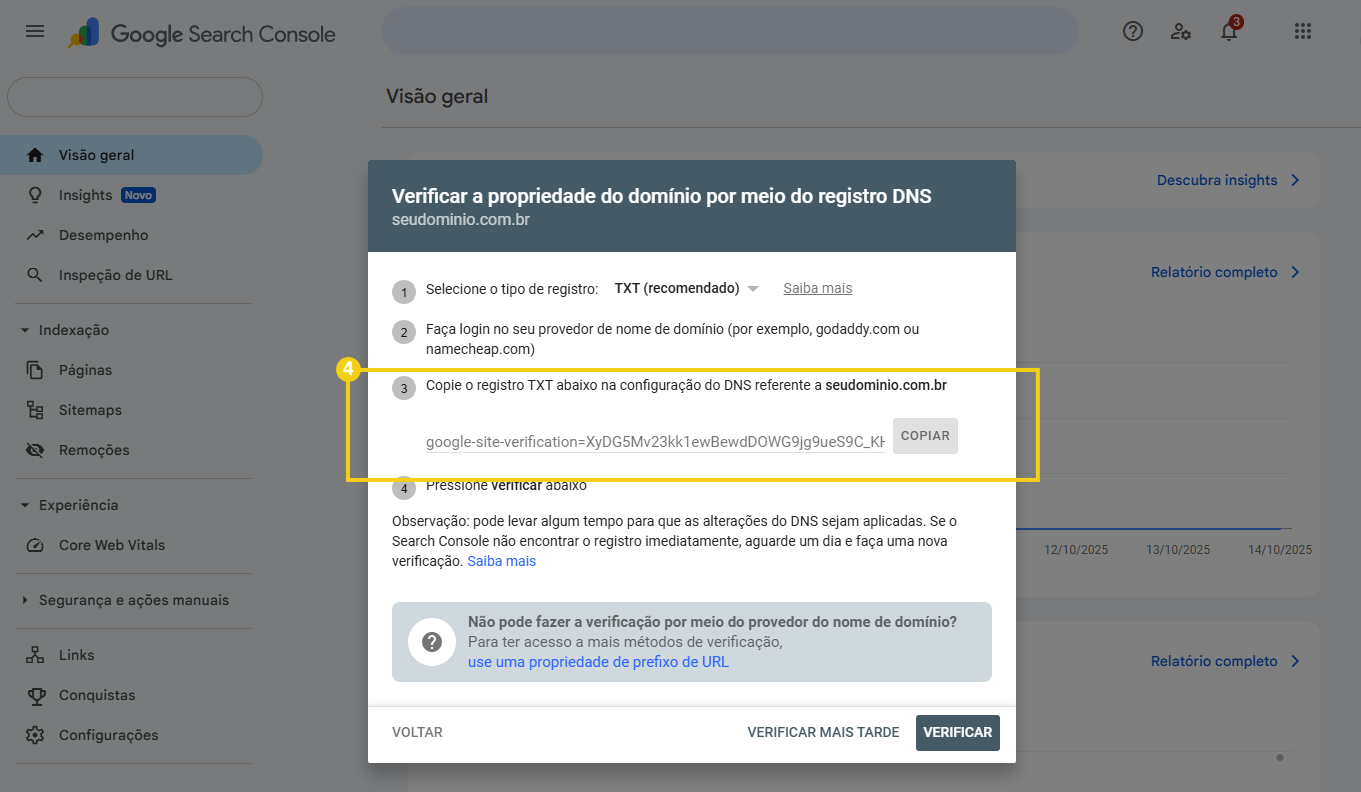Imagem do painel de gerenciamento do Google Search Console, destacando campo com registro TXT