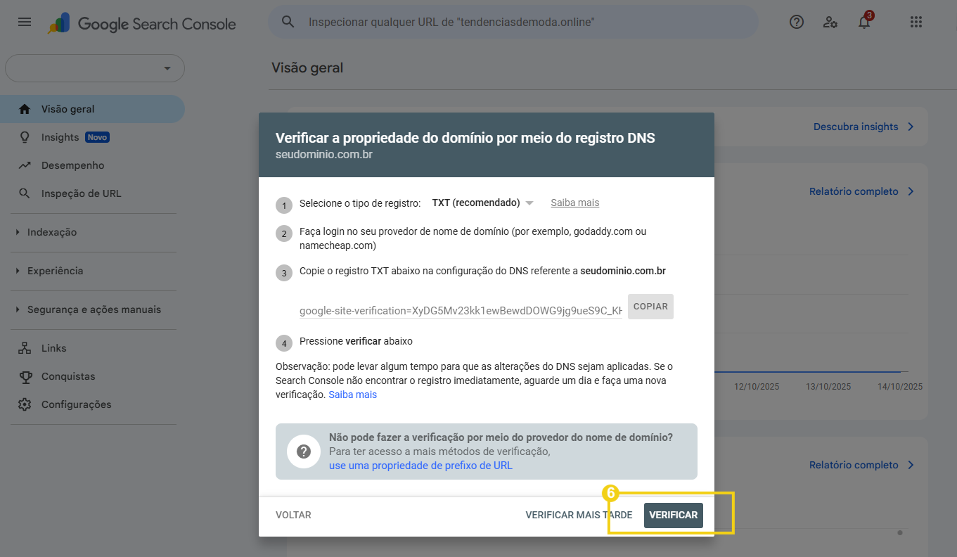 Tela de gerenciamento do Google Search Console, destacando botão "Verificar" 