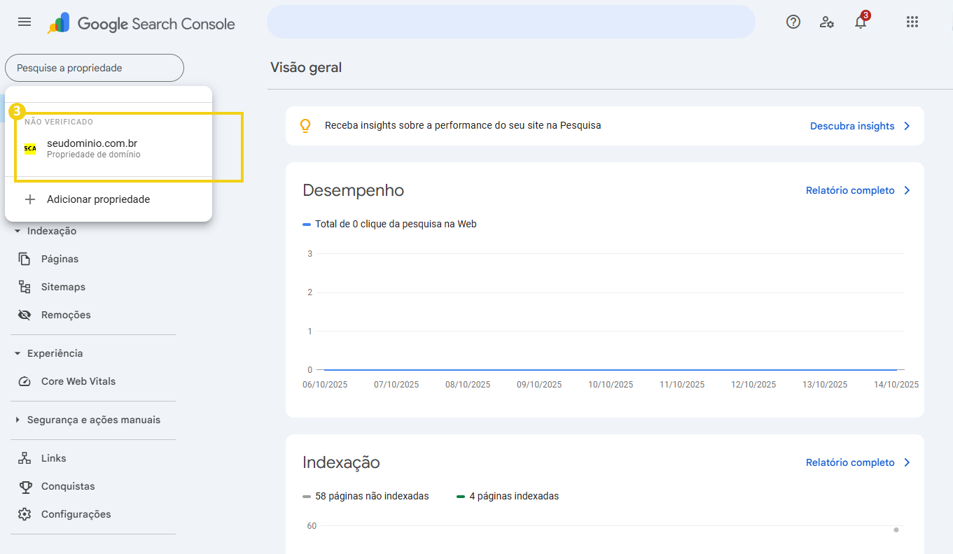 Imagem mostra painel de gerenciamento do Google Search Console, no lado esquerdo há a informação de que o domínio não foi verificado