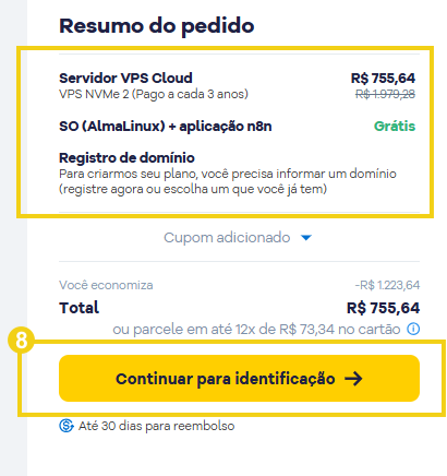 Imagem mostra a tela do carrinho na HostGator para revisar as informações e clicar no botão "Continuar para identificação"
