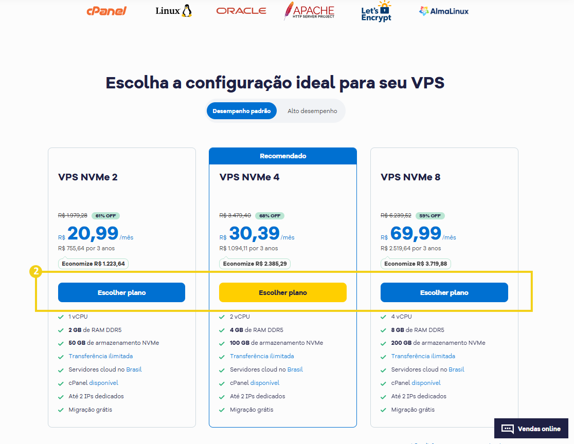 Imagem mostra a tela do site da HostGator na página das novas VPS para que se escolha um dos planos