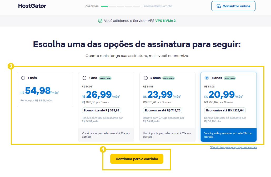 Imagem mostra a tela do site da HostGator na página das novas VPS para que se escolha o ciclo de pagamento