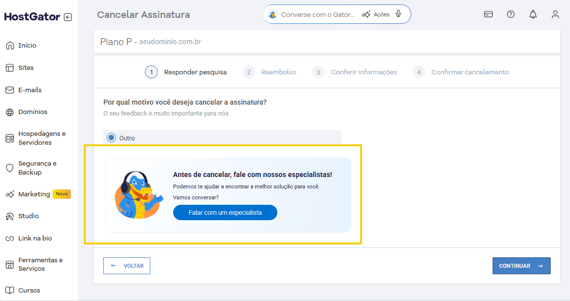 Imagem mostra a tela do Portal do Cliente com a opção de entrar em contato com o suporte para encontrar a melhor solução e evitar o cancelamento