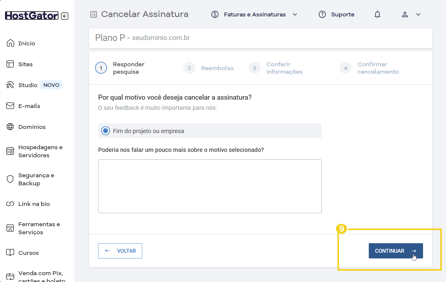 Tela de cancelamento de assinatura no site HostGator, destacando o botão de continuar