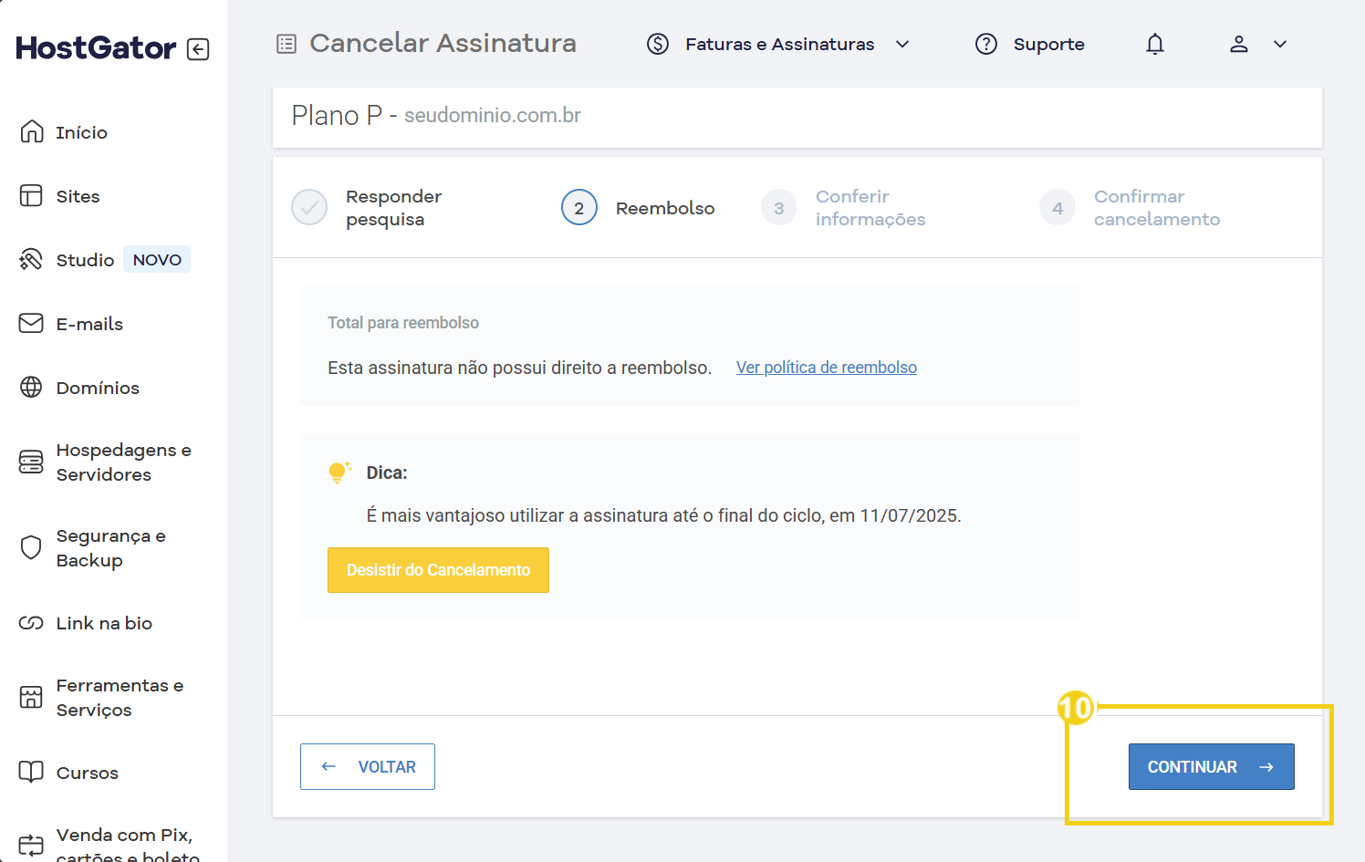 Imagem de uma tela de confirmação de assinatura no painel do HostGator, destacando opções de reembolso e continuidade de pagamento, com foco em gestão de planos de hospedagem.