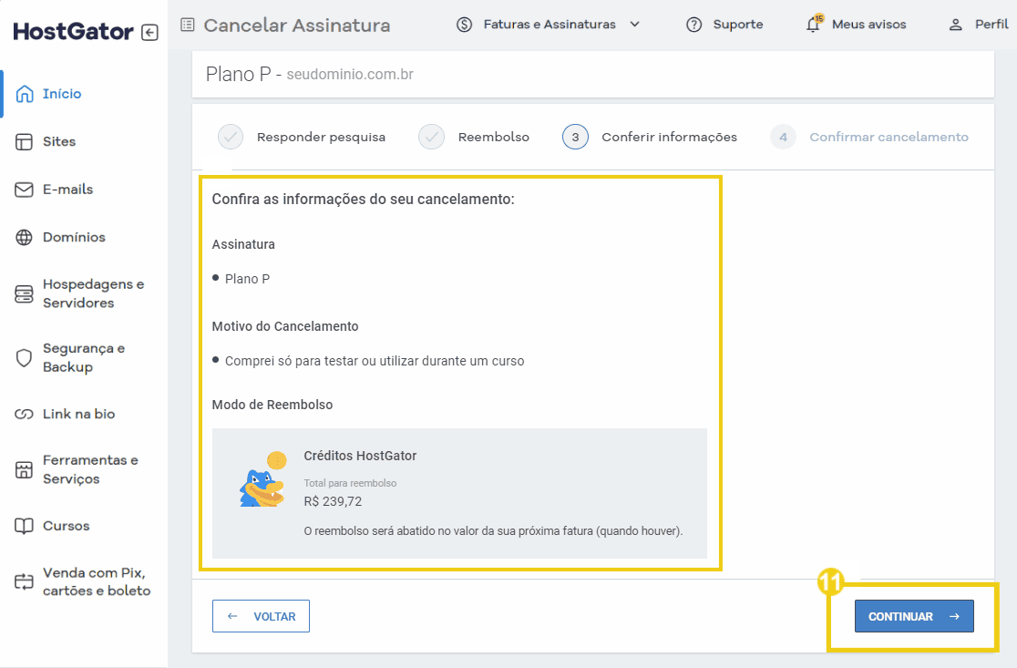 Tela de cancelamento de assinatura no HostGator, exibindo detalhes do plano P e informações de reembolso com créditos do HostGator.