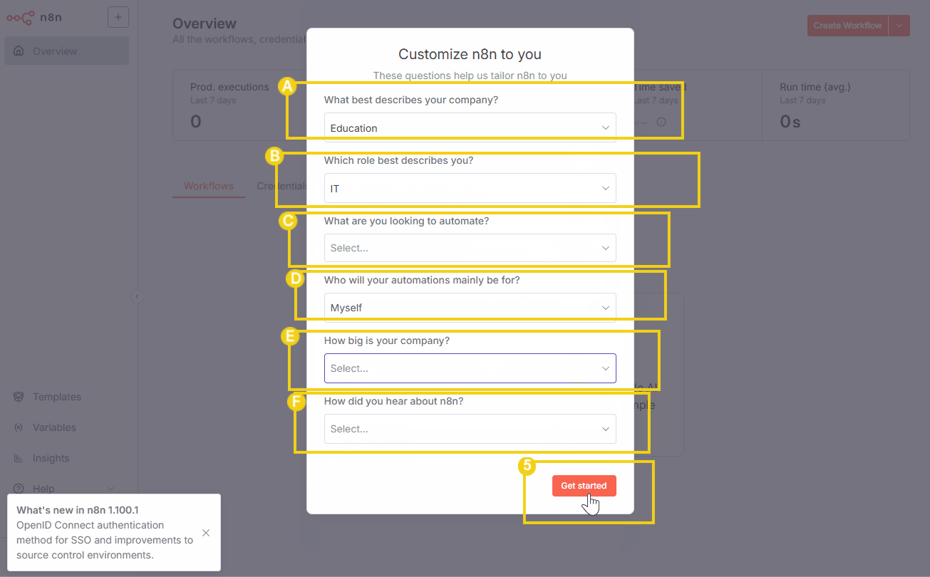 Imagem de uma tela de cadastro para personalizar o n8n, uma ferramenta de automação, com perguntas sobre a empresa, role, automações, tamanho e como ouviu falar sobre a plataforma.