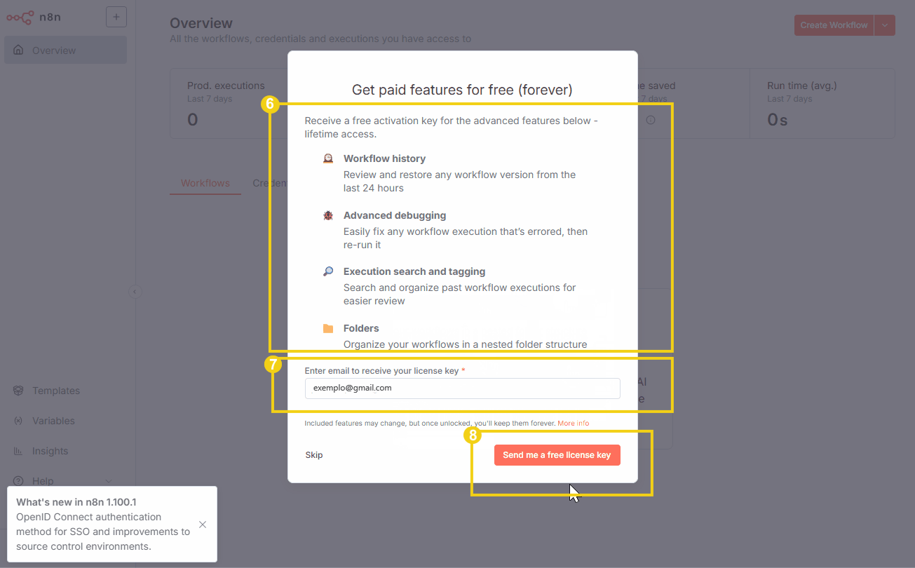 Tela de ativação gratuita de funcionalidades avançadas no software n8n, incluindo histórico de fluxo, depuração avançada e busca por execução.