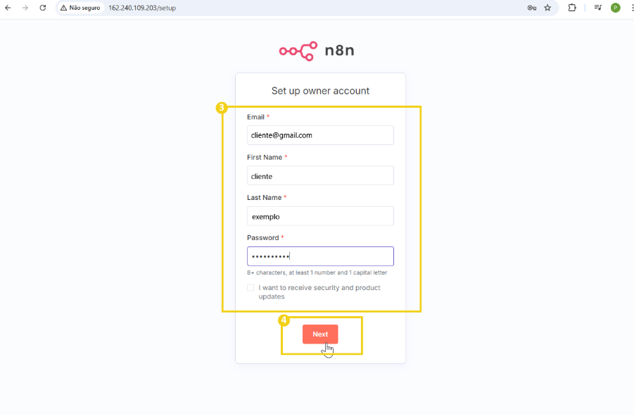 cadastro na tela do login do n8n quando é a primeira vez que se acessa