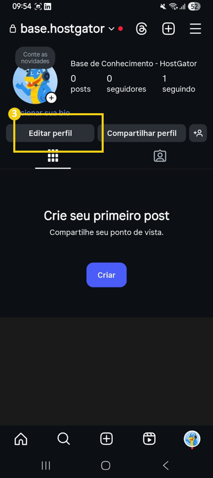 Imagem mostra tela do Instagram, com perfil aberto e destacando a opção 'Editar perfil"