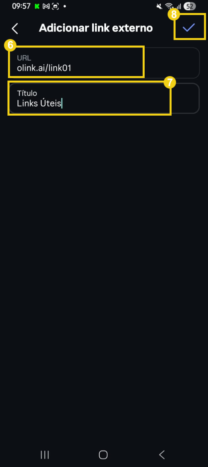 Na tela de "Adicionar link externo" do Instagram, destacando os campos "URL, Título e ícone para salvar