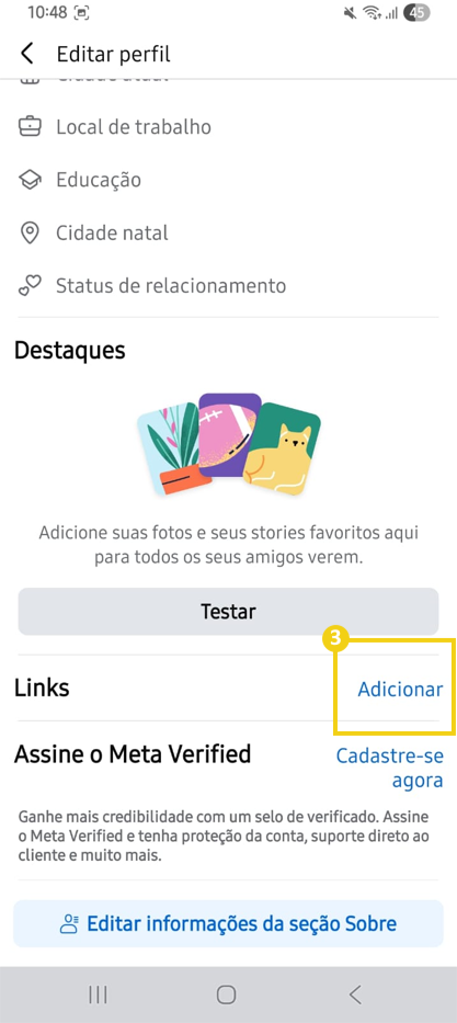 Imagem da tela de gerenciamento de perfil do Facebook, destacando o campo "Links" e opção "Adicionar"