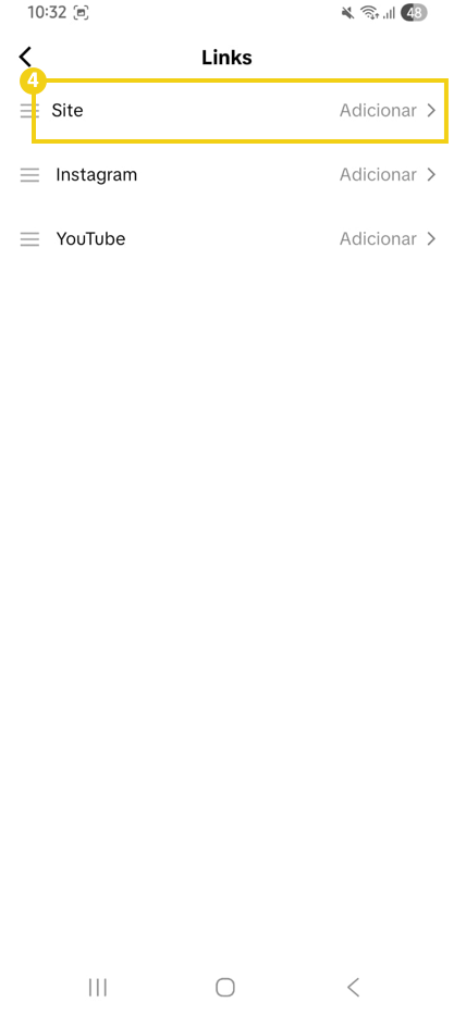 Tela de gerenciamento de links do tiktok, destacando ação "Adicionar" na opção site