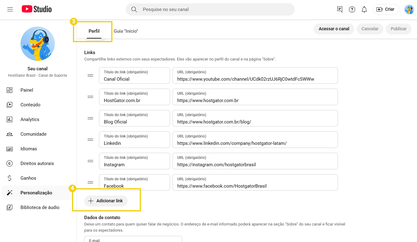 Tela de perfil do YouTube Studio, destacando opção "Perfil"seguida de " + Adicionar Link"