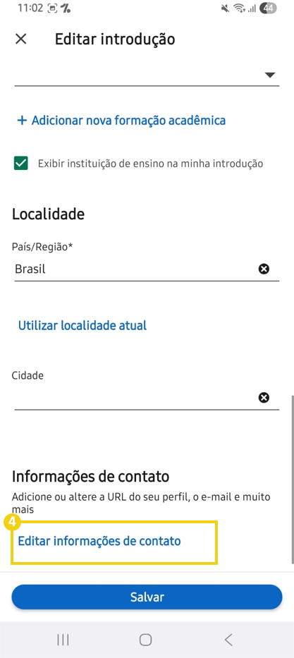 Tela de gerenciamento de perfil do linkedin, destacando opção "Editar informações de contato"