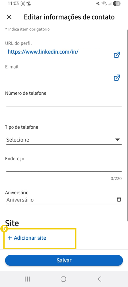 Tela de perfil do Linkedin, destacando campo "Site" e opção "+ adicionar site"