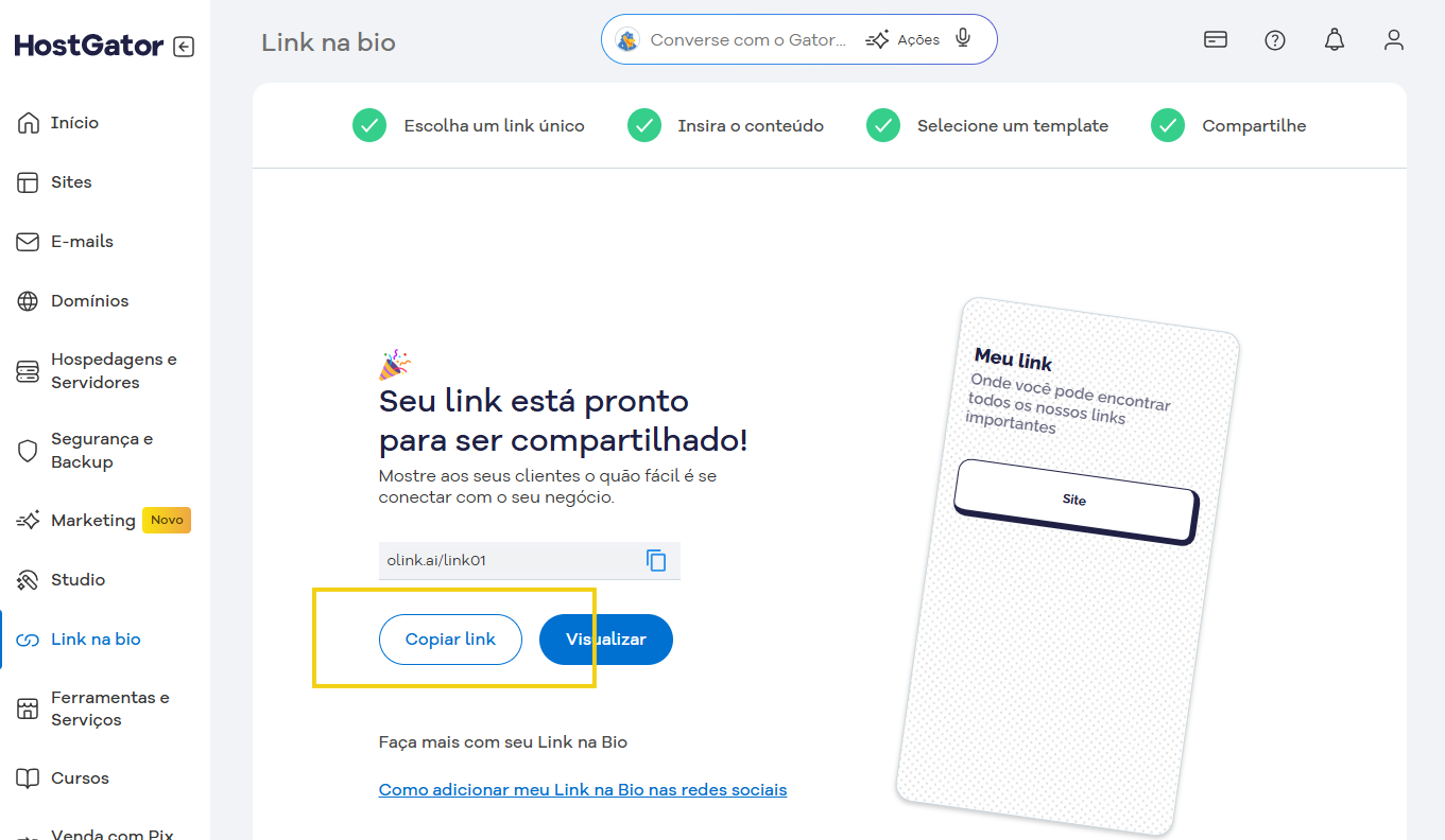 Imagem mostra tela de configuração do Link na Bio do Portal do Cliente, destacando a opção "copiar link"