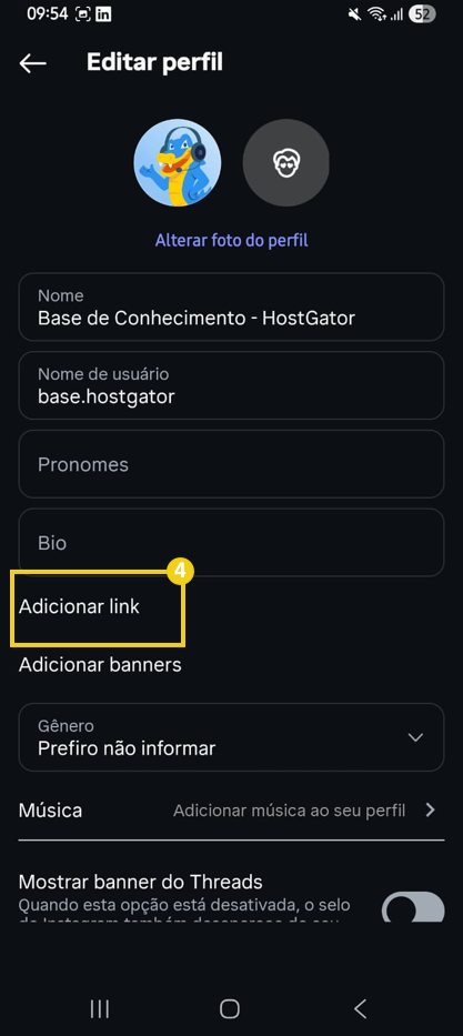 Imagem mostra tela de gerenciamento de perfil do Instagram, destacando a opção "Adicionar Link"