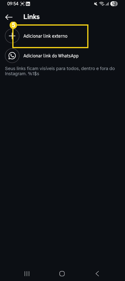 Imagem mostra tela de gerenciamento de links do Instagram, destacando a opção "Adicionar link externo"