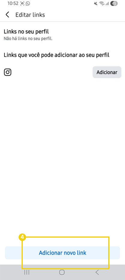 Imagem da tela de edição de links do Facebook, destacando opção "Adicionar novo link"