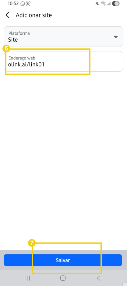 Tela de gerenciamento de links do Facebook, destacando a opção "Endereço web"