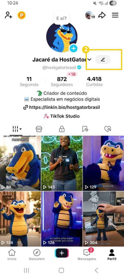 Imagem mostra perfil do TikTok aberto, destacando o ícone lápis para edição do perfil