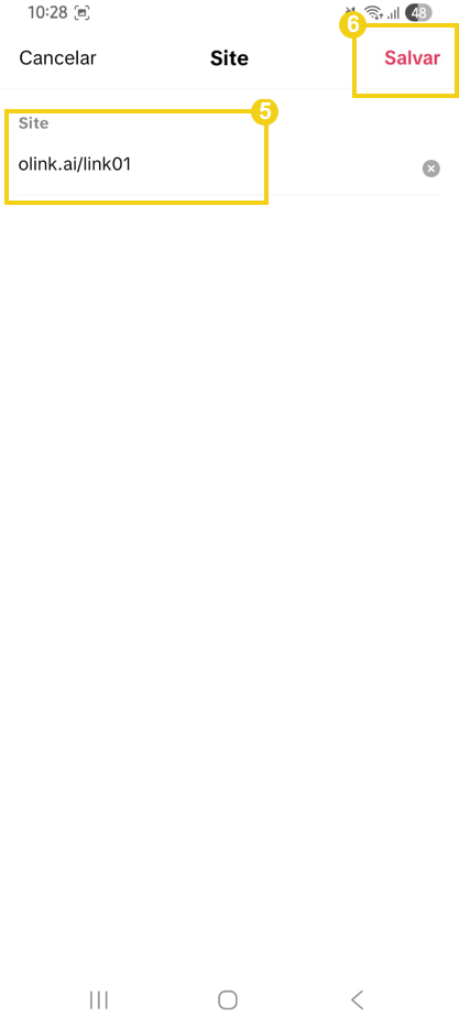Tela de gerenciamento de links do TikTok mostrando campo "site" e opção "salvar"
