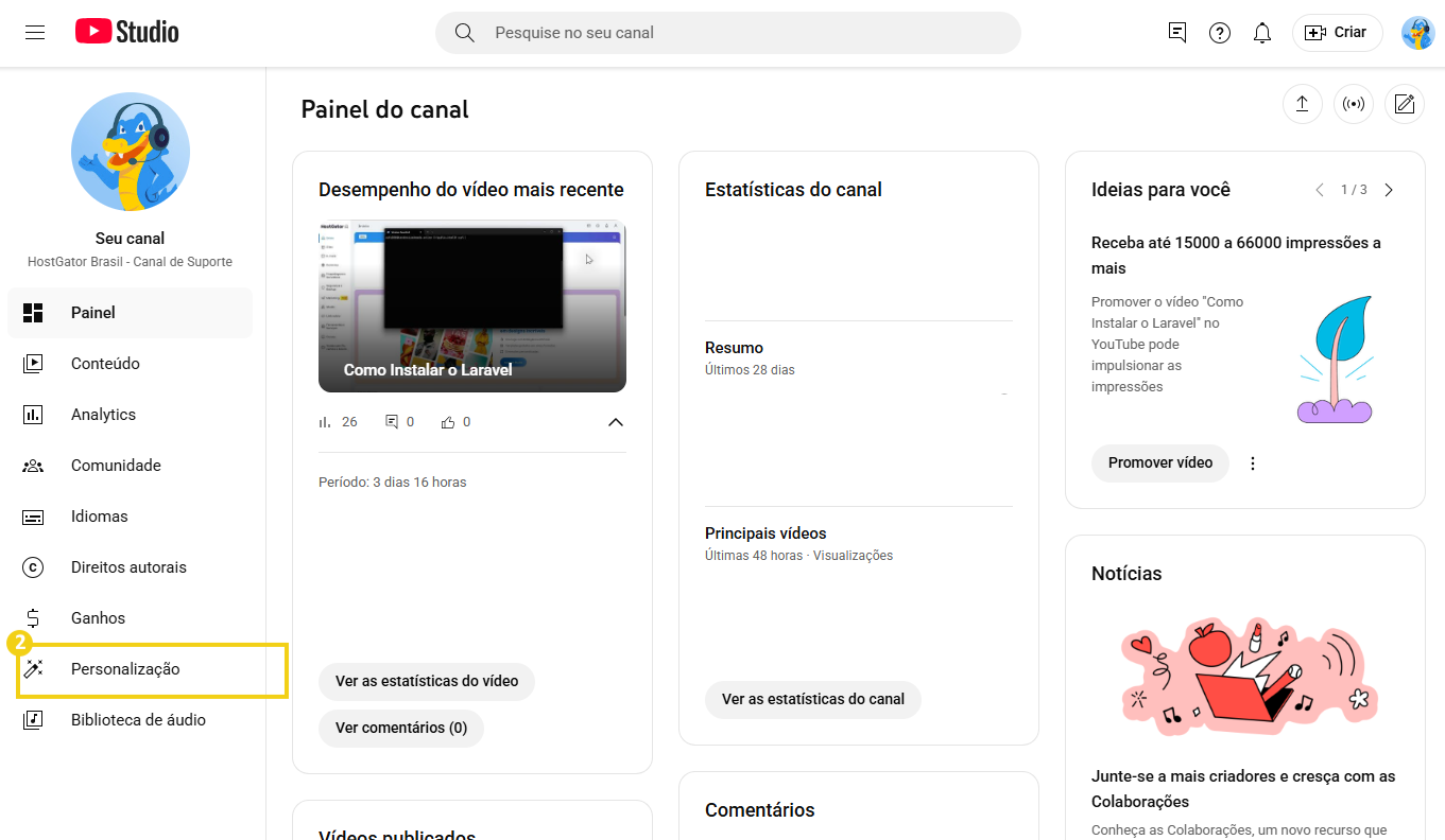 Tela de perfil do YouTube Studio, destacando opção "Personalização"
