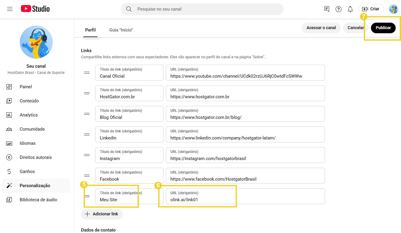 Tela de perfil do YouTube Studio, destacando opção de gerenciamento de Links, seguido da opção "Publicar"