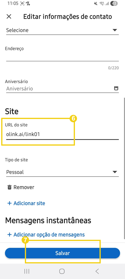 Tela de perfil do Linkedin, destacando campo "Site" e "URL do site, seguido da opção para "Salvar"