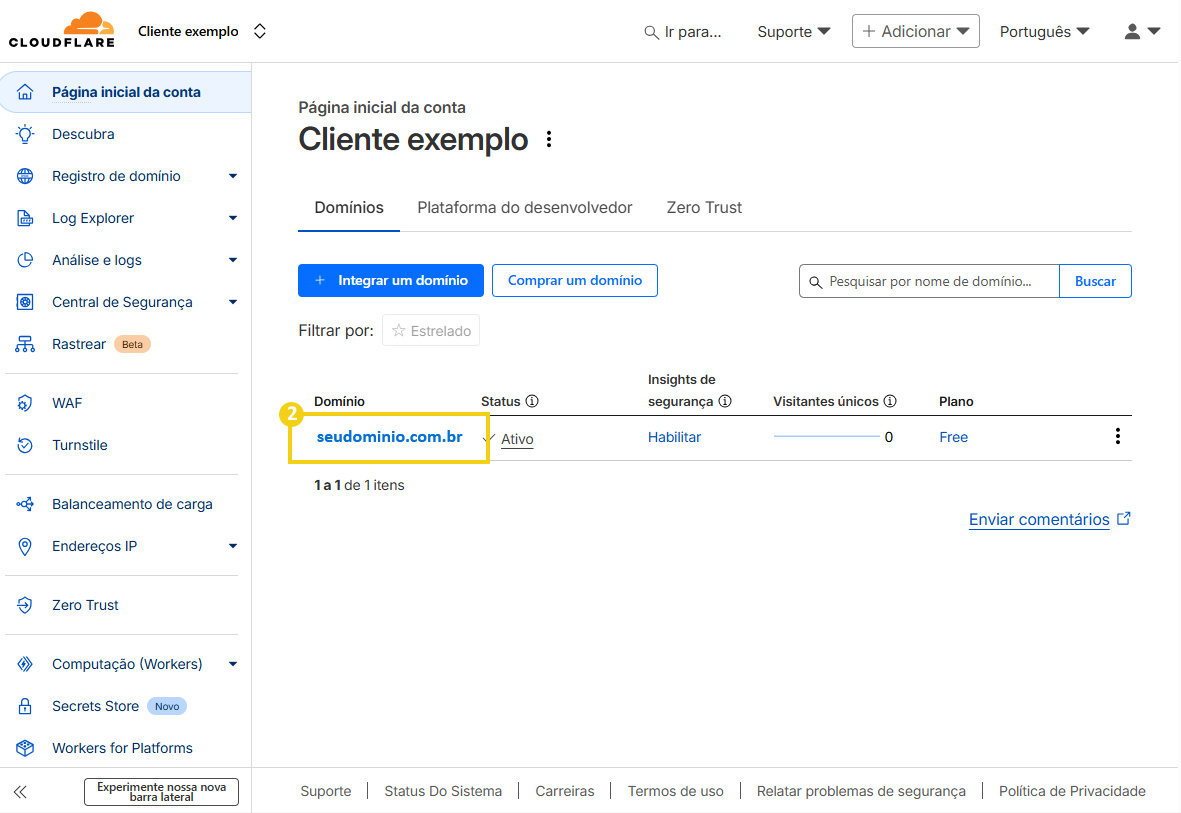 Tela de gerenciamento de domínios na plataforma de hospedagem web, destacando o domínio 'seudominio.com.br' na interface, com opções de ativar e comprar domínio.