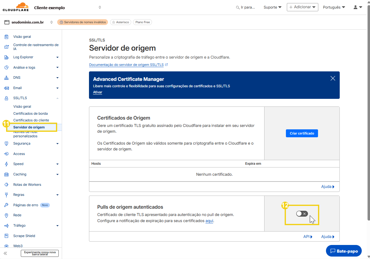 Imagem de uma tela de configurações no painel do Cloudflare, destacando opções para certificado SSL/TLS e servidor de origem.
