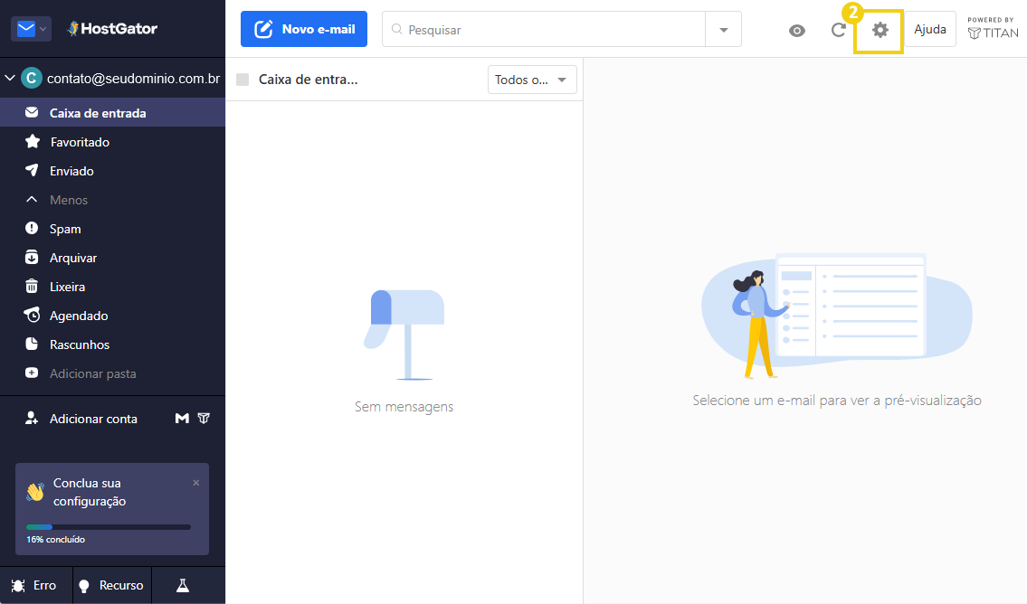 Tela de início do painel do HostGator com opções de gerenciamento de e-mails, incluindo caixa de entrada, enviados, spam e configurações.