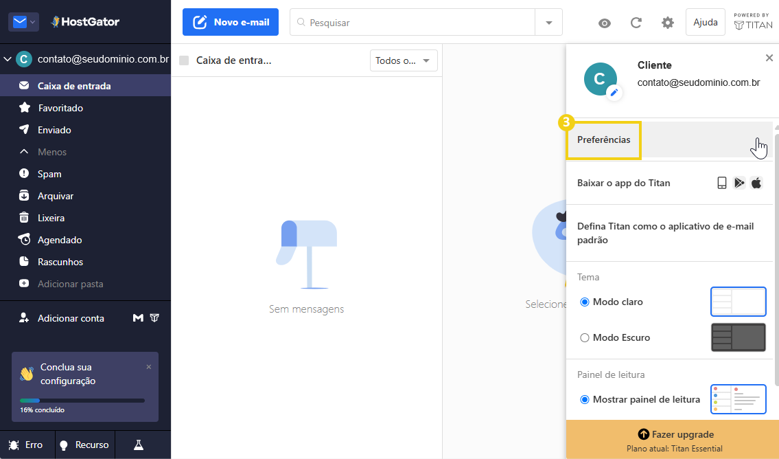 Interface de gerenciamento de e-mails no painel do HostGator, destacando configurações de preferências.