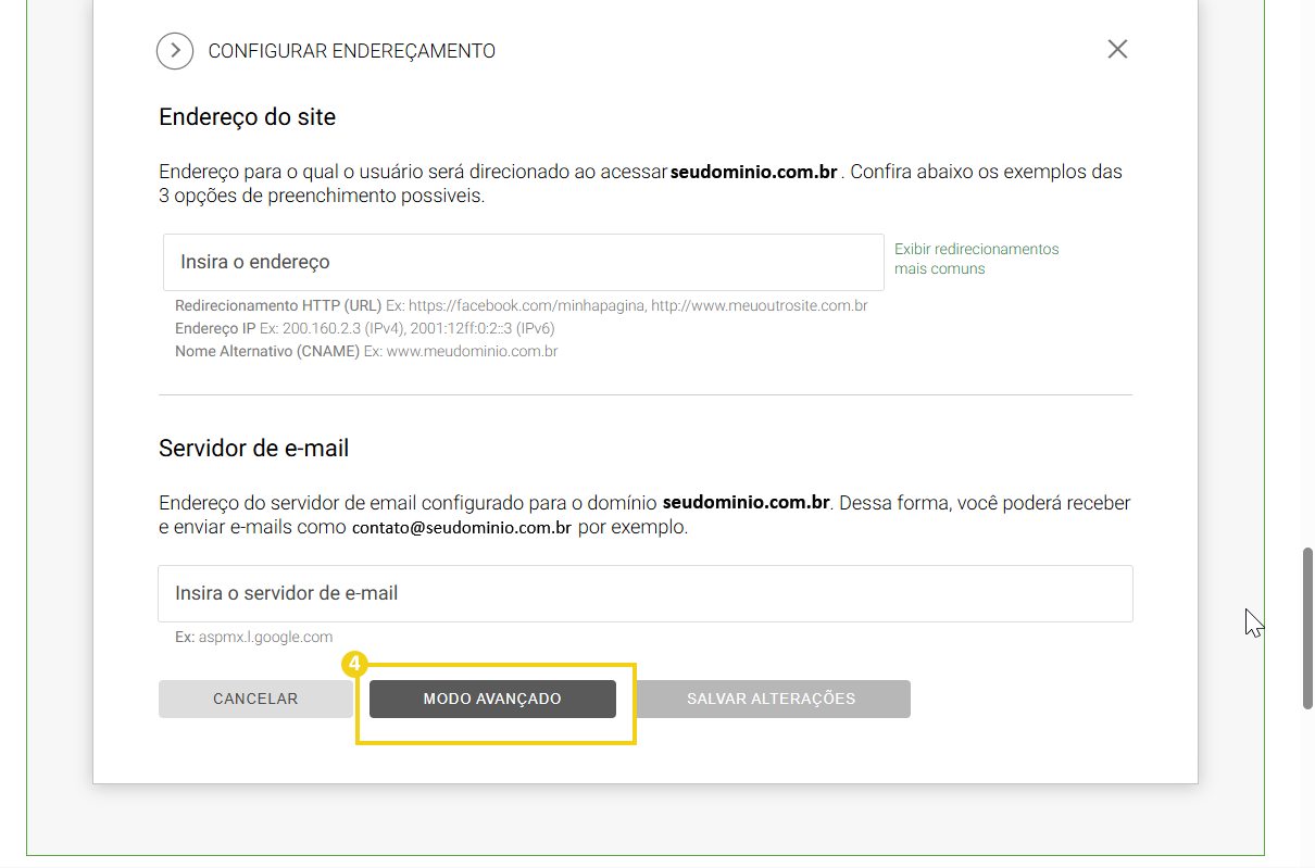 Imagem da configuração Modo Avançado no painel do Registro.br