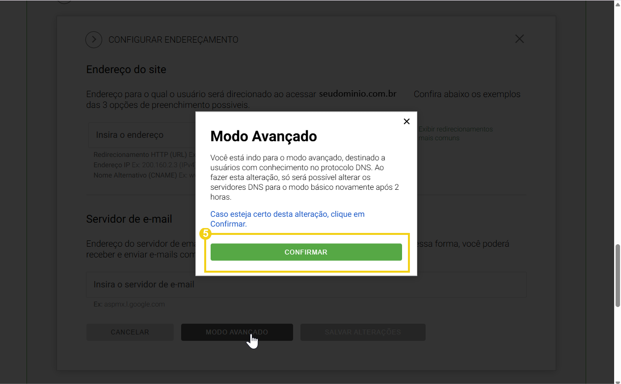 Imagem mostrando configuração de modo avançado em painel de controle de DNS, com destaque para botão 'Confirmar'