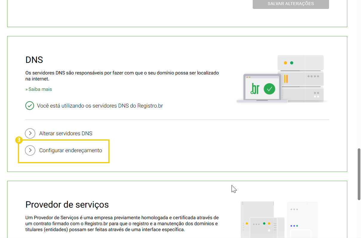 Configuração do servidor DNS no Registro.br, opção para alterar servidores DNS e configurar endereçamento.