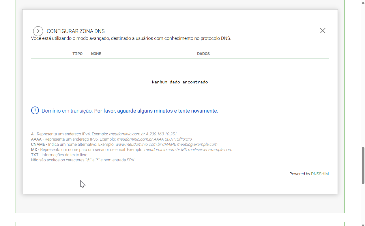 Captura de tela de configurações avançadas de DNS em um painel de administração de domínio, com mensagem de 'domínio em transição' e instruções para aguardar a propagação.