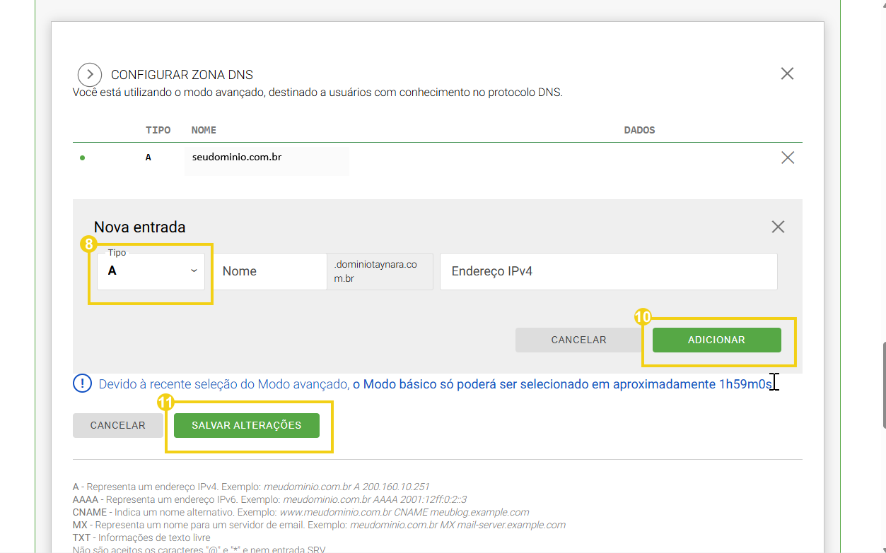 Imagem ilustrando a tela para adicionar apontamentos na zona  de DNS do Registro.br