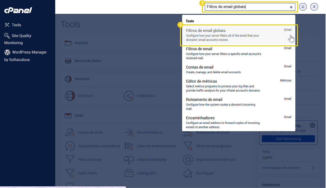 Imagem mostra o campo de busca utilizado para encontrar a opção filtros de email globais no painel de controle do cPanel, destacando o menu de ferramentas de email.