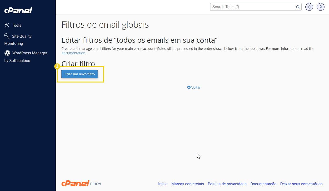 Imagem da interface de gerenciamento de filtros de email no painel cPanel, mostrando a opção de criar um novo filtro de email global.