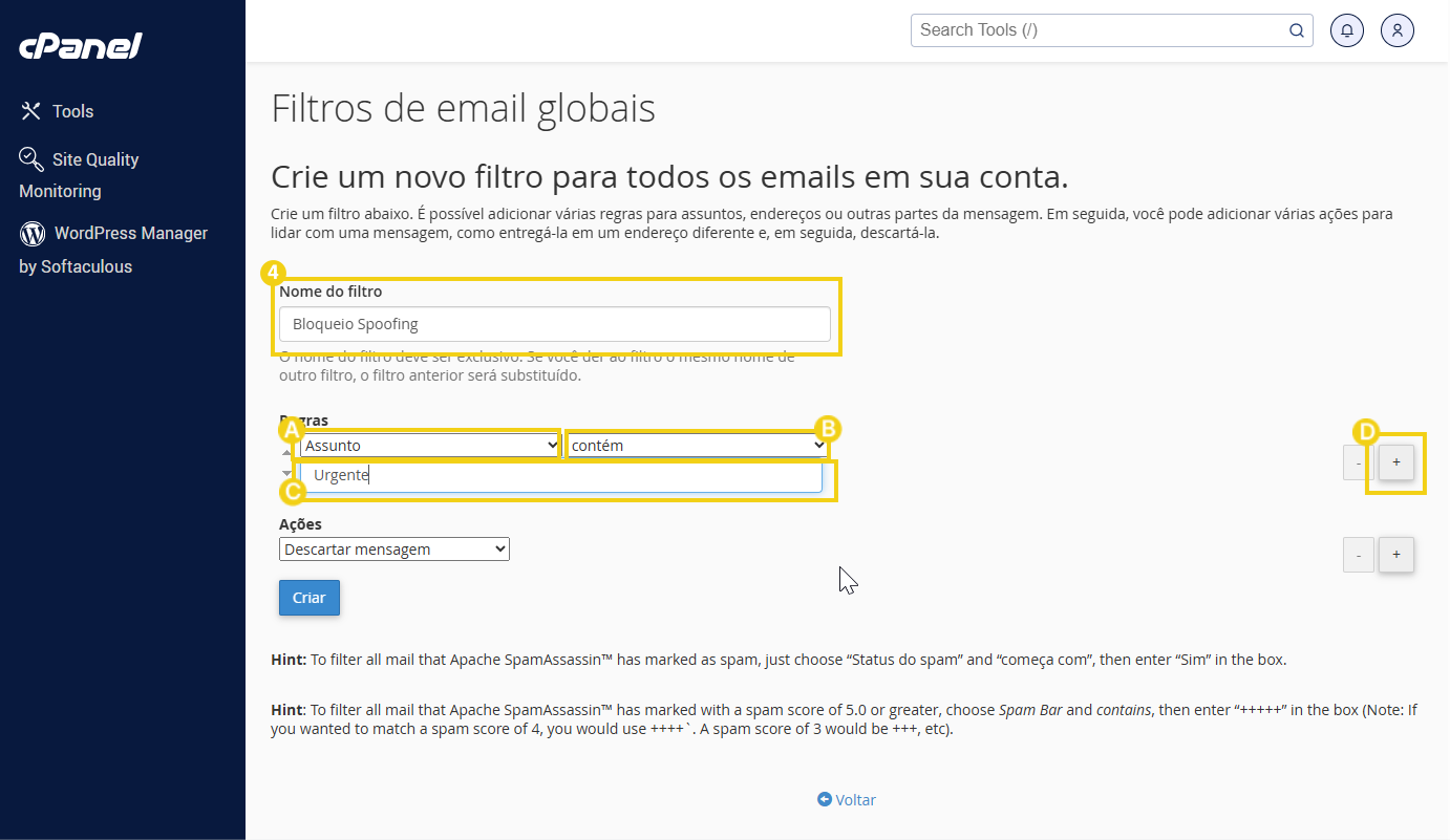 Imagem mostrando a interface do painel do cPanel criando um filtro de email para bloquear mensagens de spam com critérios específicos de assunto.