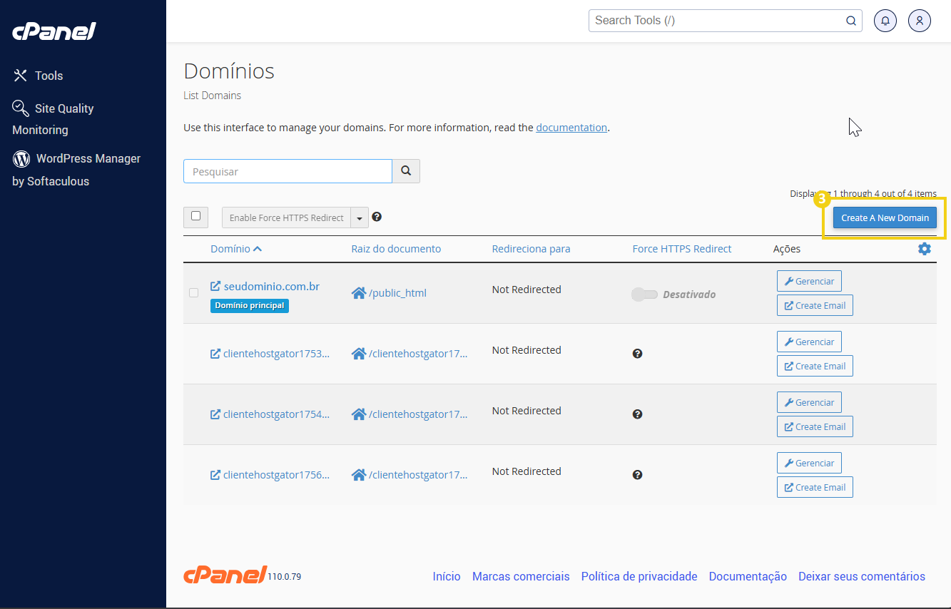 Interface do painel de controle do cPanel mostrando a gestão de domínios, incluindo opções para criar novos domínios adicionais