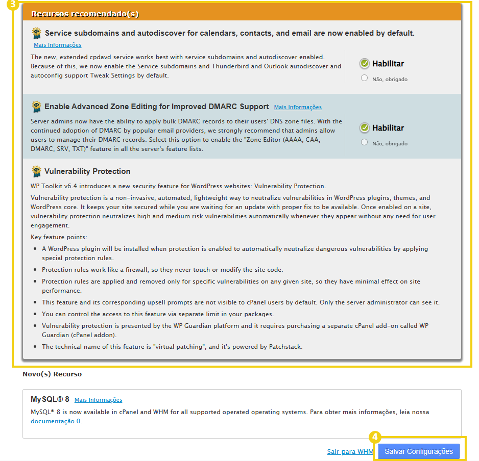 Imagem mostra tela de recursos recomendados no WHM