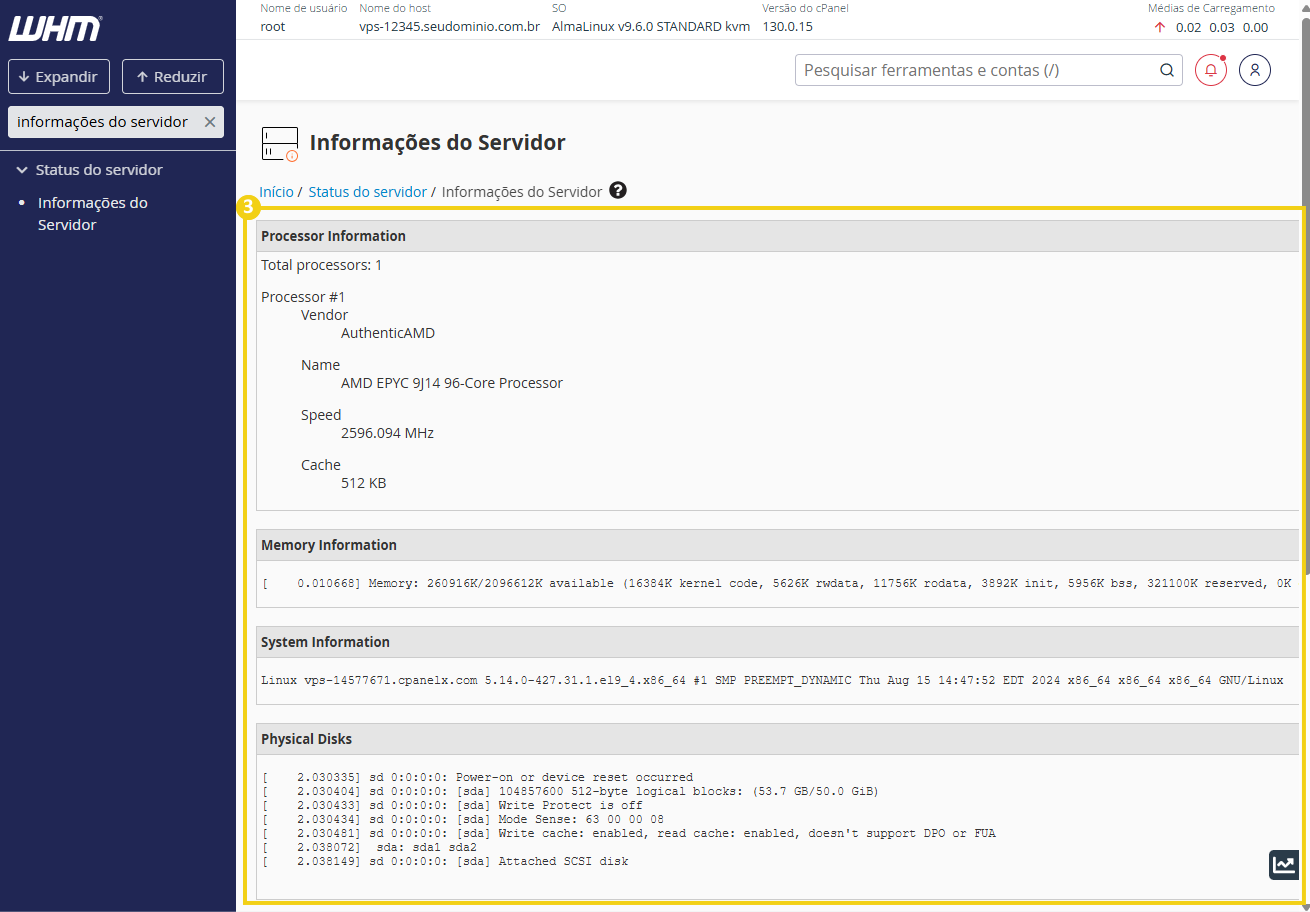 Tela de gerenciamento de servidor WHM com opções para visualizar informações relacionadas a informações do sistema, memória, disco, entre outros..