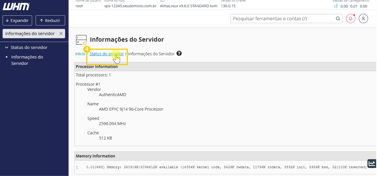 Tela de gerenciamento de servidor WHM destacando a opção clicável "status do servidor"